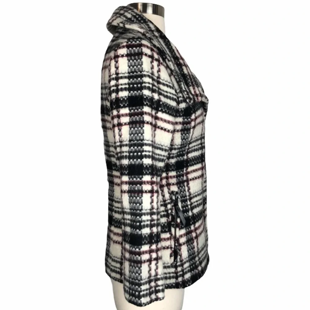 Soia & Kyo White Black & Red Plaid Preppy Moto Punk Designer Wool Coat Jacket XS